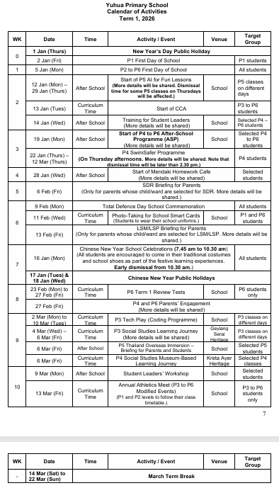 Term 1 Calendar of Events